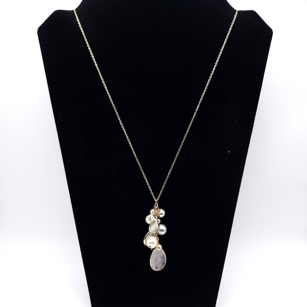 LOFT Gold Tone Faux Pearl Quartz Cluster Teardrop Pendant Necklace 32"